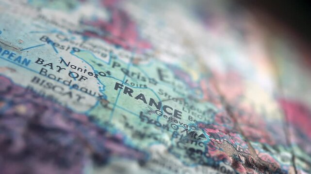 Old World Map Showing Closeup of France With Worn Surface and Colored Details - 4K