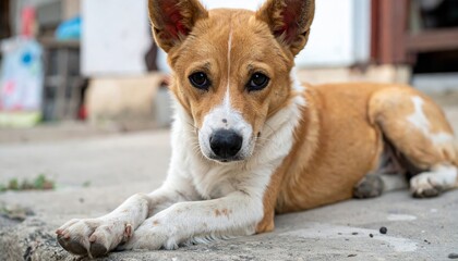 Brown and White Dog Lying on the Ground Outdoors