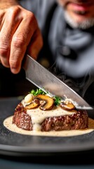 Steak with mushrooms in rich creamy sauce, close-up of chef slicing through medium-rare beef, Damascus blade revealing tender pink interior, steam rising from gourmet restaurant dish