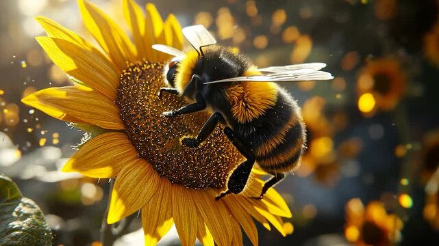 Bumble Bee on Sunflower, Sunny Day