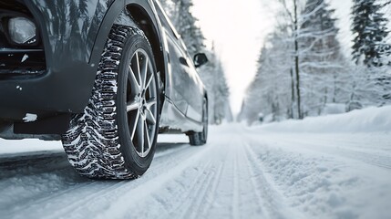Winter-season car on snowy roads with deep-grooved winter tires for ice and snow grip, highlighting a close-up of tire treads