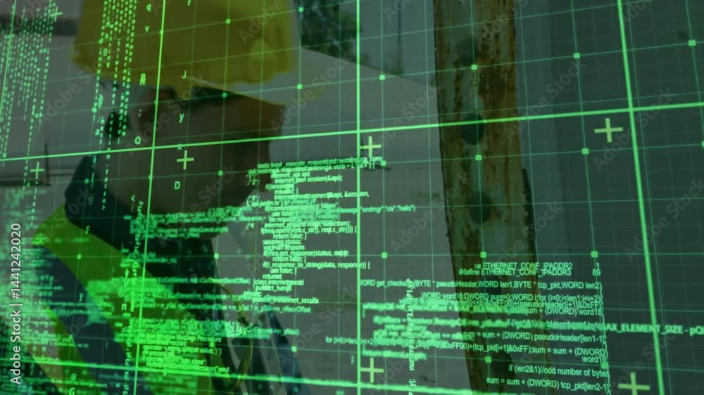 Poster designers monitoring technology interface overlay with neon green code grid and crosshair markers