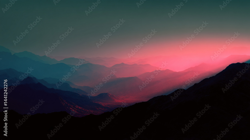 Poster mountain ranges layered with gradient colors beneath a hazy sunset.