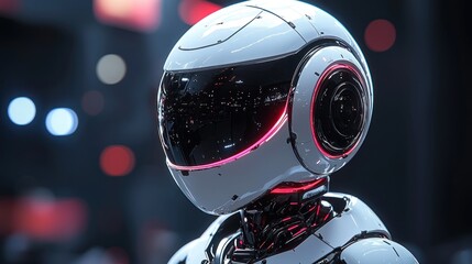 White robot head with a dark visor and visible inner workings.