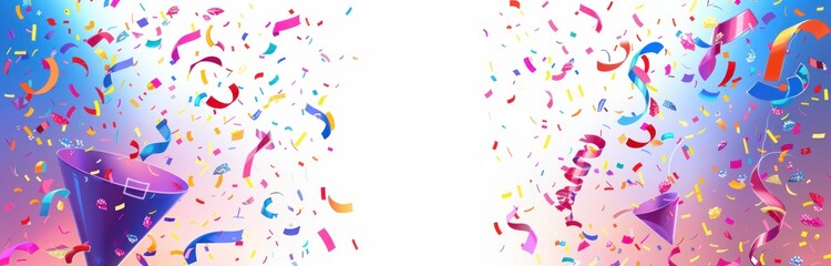Obraz premium Colorful celebration with confetti and party poppers exploding in vibrant shades of blue, red, yellow, and pink on a bright background conveying joy and festivity