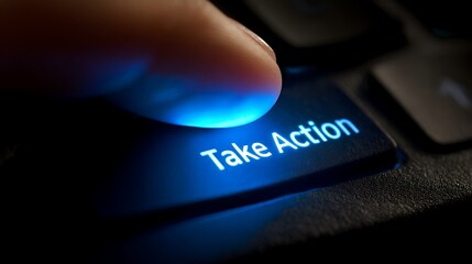 Close-up view of a finger pressing the blue-illuminated "Take Action" key, showcasing efficiency