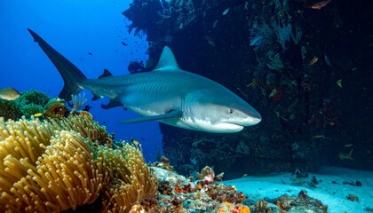 Fototapeta premium Grey Reef Shark Swimming Near Coral Reef