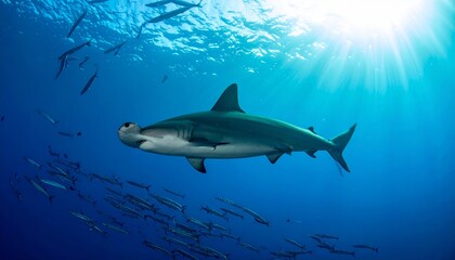 Obraz premium Hammerhead Shark Underwater Sunlight Ocean Wildlife