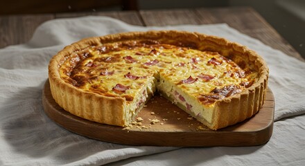 A delicious quiche lorraine with a slice cut out sitting on a wooden board with linen cloth around it