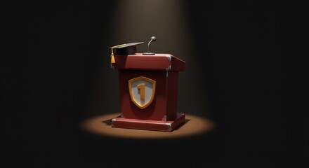 Graduation Podium with Cap and Microphone in Spotlight