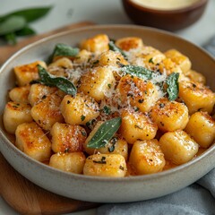 plate of freshly made gnocchi served with butter sage sauce and grated parmesan rich golden tones soft natural lighting clean white backdrop 