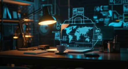 Modern workspace with wooden desk featuring laptop projecting blue holographic world map and digital data interfaces, illuminated by desk lamp creating focused and innovative atmosphere