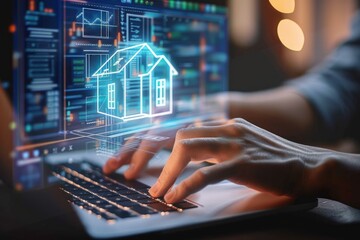 Person using laptop with futuristic holographic house model and data charts on screen indicating real estate technology and digital analysis