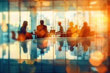silhouettes of business people working and collaborating in a modern office with large windows overlooking a cityscape bathed in warm sunlight, creating a calm and focused atmosphere