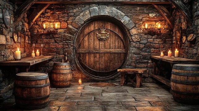Rustic cellar. Barrel door, stone walls, candlelight ambiance - Powered by Adobe