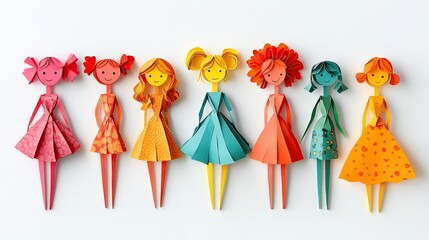 Colorful Paper Cutout Figures of Girls on White Background, Representing Playful and Whimsical Designs.  