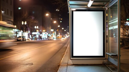 Blank white vertical digital billboard mockup, glowing at a city street bus stop at night