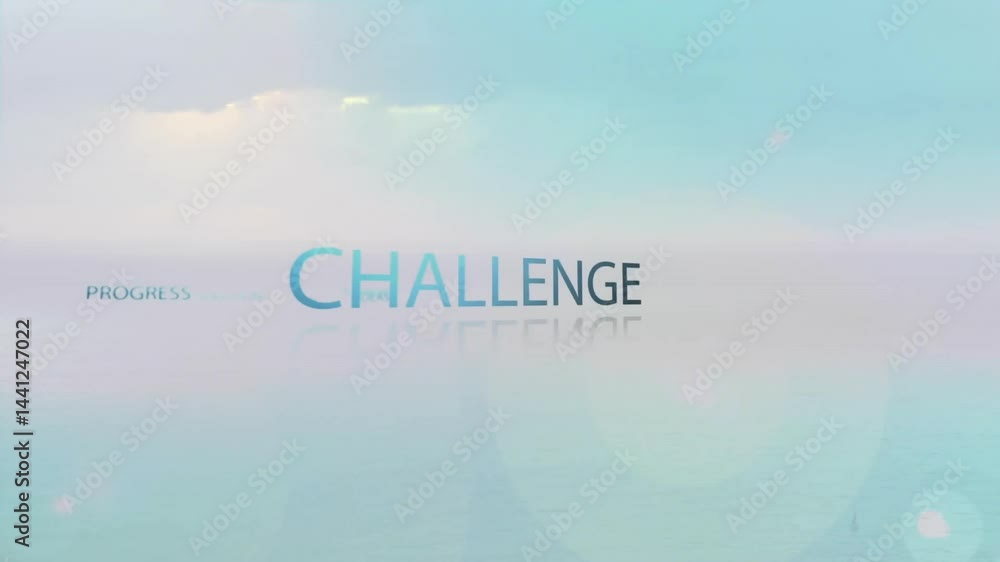 Poster large challenge text getting mirrored on glossy surface, progress blending into pastel gradient