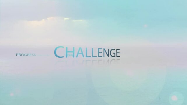 Large CHALLENGE text getting mirrored on glossy surface, PROGRESS blending into pastel gradient