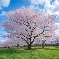 Obraz premium Cherry blossom landscape. Spring landscape. Warm spring air. Spring landscape photo. AI generated.