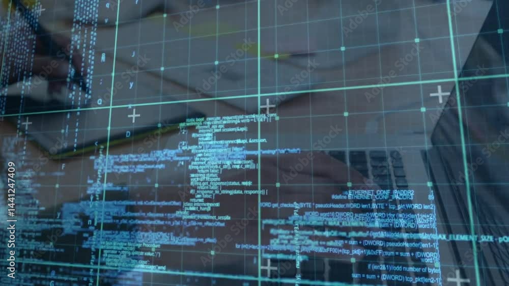 Poster woman typing on laptop in technology workspace, displaying animated code snippets and grid lines