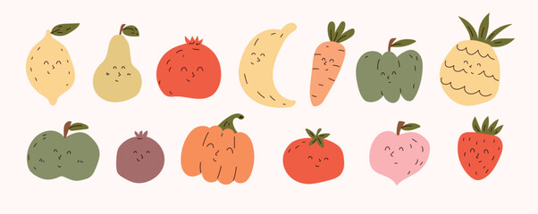 Set of cute smiling fruits and vegetables in flat cartoon style. Perfect for kids designs, educational materials, stickers, packaging, and greeting cards