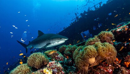 Fototapeta premium Tiger Shark Swimming Near Coral Reef and Shipwreck