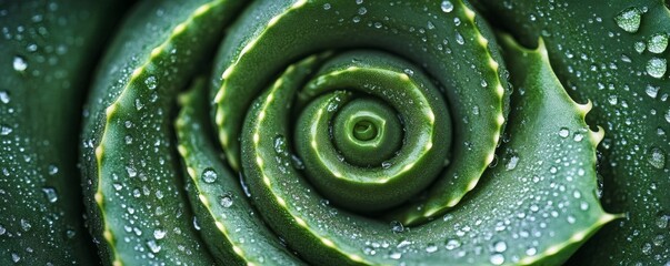 Close-up spiral pattern of aloe vera leaves with water droplets.