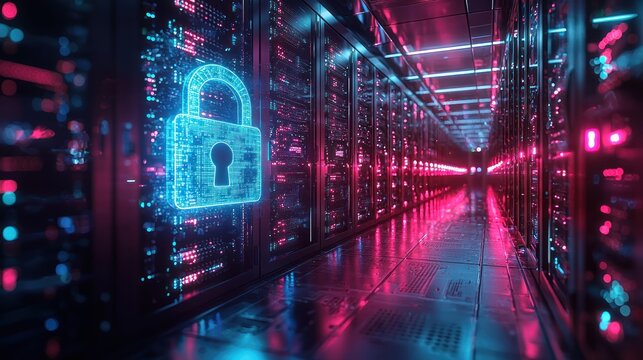 Digital padlock icon in server room with pink and blue lighting.