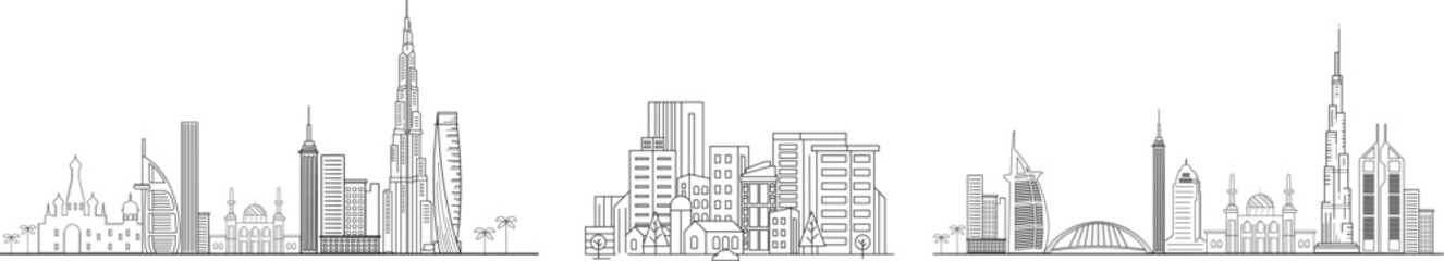 Obraz premium Set of City Skyline outline illustration on white background.