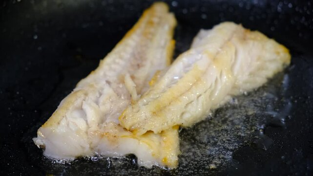 Cooking Indoors pan grilled seasoned Cod fillets on Stovetop, iron cast pan, close up boiled oil, deep fried.