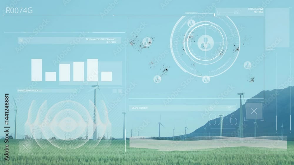 Poster wind turbines being animated on grassy plain, displaying futuristic data graphs and hud icons