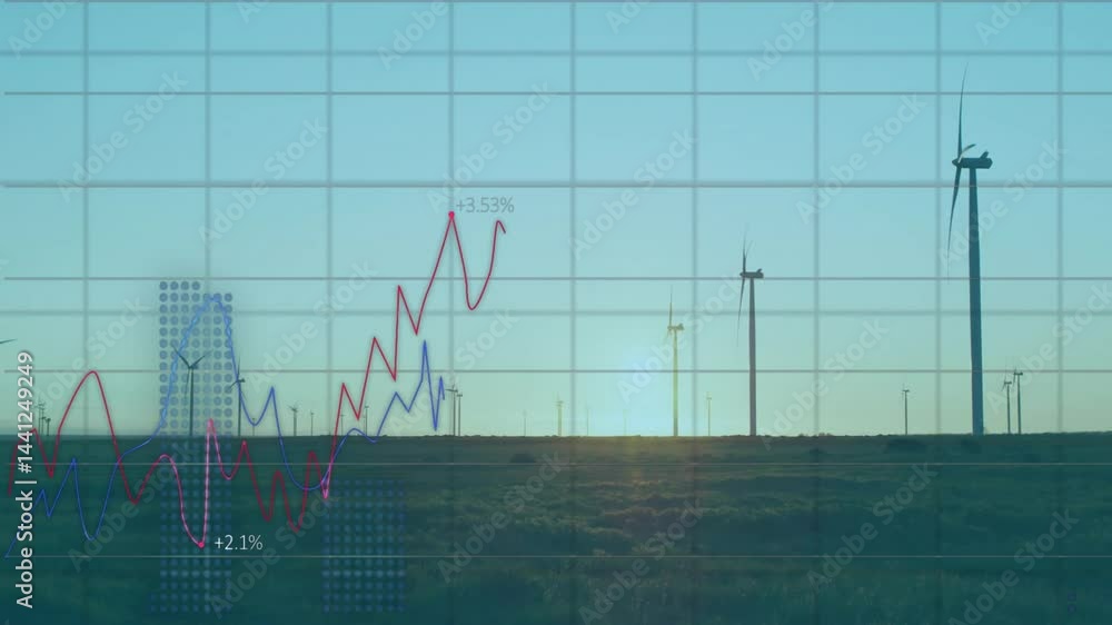 Poster wind turbines being animated behind red blue line graphs showing rising percentages in flat design