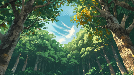 Looking up through a dense canopy of green leaves and tall tree trunks towards a bright, slightly overcast sky, capturing a serene forest view.