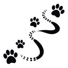 A winding trail of black paw prints across a white surface.