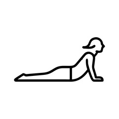 Minimalist black outline icon of woman in cobra yoga pose on white background, simple vector symbol for stretching, wellness and physical balance