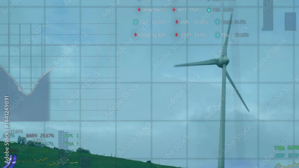 Aufkleber wind turbine being visualized on grassy hillside, displaying live data grids and chart icons