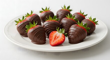 A plate of chocolate covered strawberries with one cut in half on a white background surface view