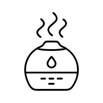 Minimalist black aroma diffuser icon with steam and drop symbol, flat vector outline of essential oil humidifier, isolated on white background