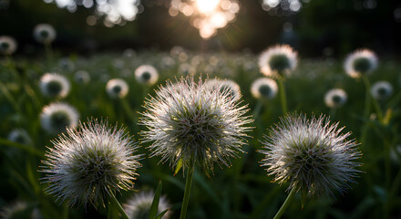Obraz premium Dandelion Field at Sunset with Glowing Light Bursting Through