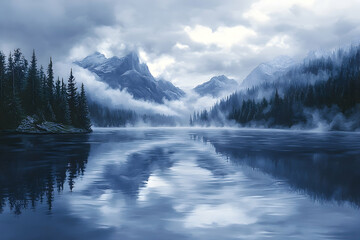 Fototapeta premium Misty mountain lake scene, tranquil and serene.
