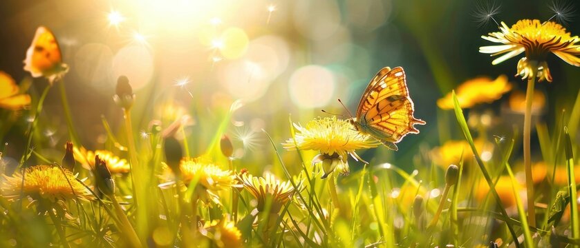 Fototapeta close-up of orange butterflies perched on yellow dandelion flowers in a sunlit green meadow with soft glowing light and a dreamy atmosphere