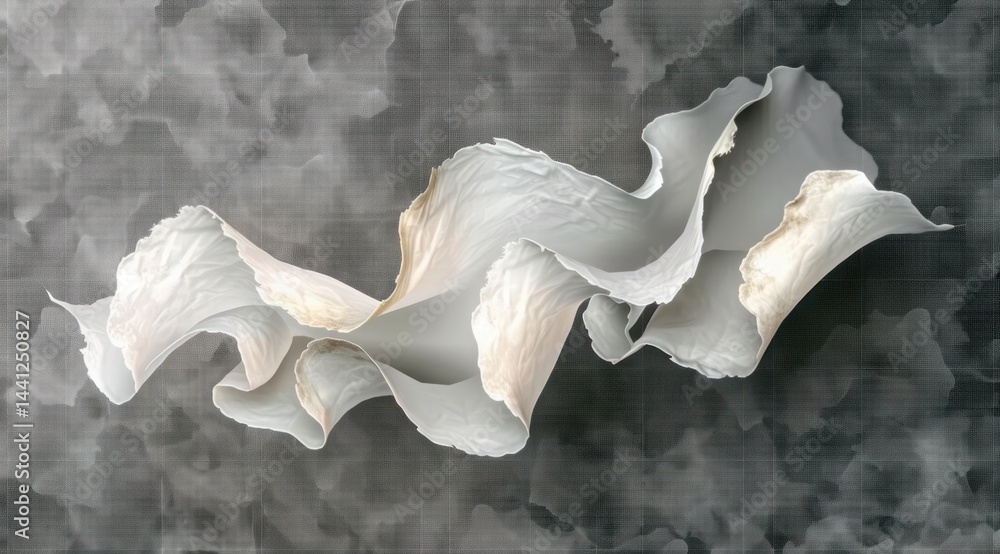 Poster abstract flowing white ribbons or petals with soft folds and texture over a dark cloudy background