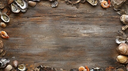Rustic wooden backdrop adorned with a decorative border of seashells and shrimps
