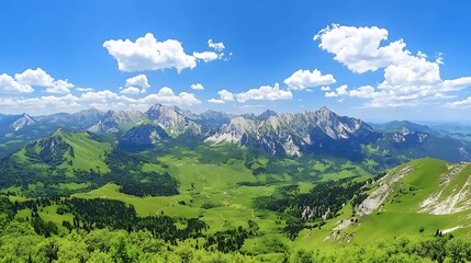 Obraz premium Picturesque Alpine Vista with Lush Valleys and Majestic Mountain Peaks