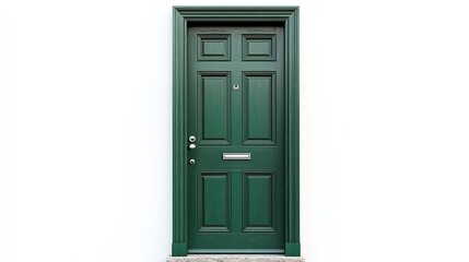 On a white background, a green door with a silver doorknob is isolated. 