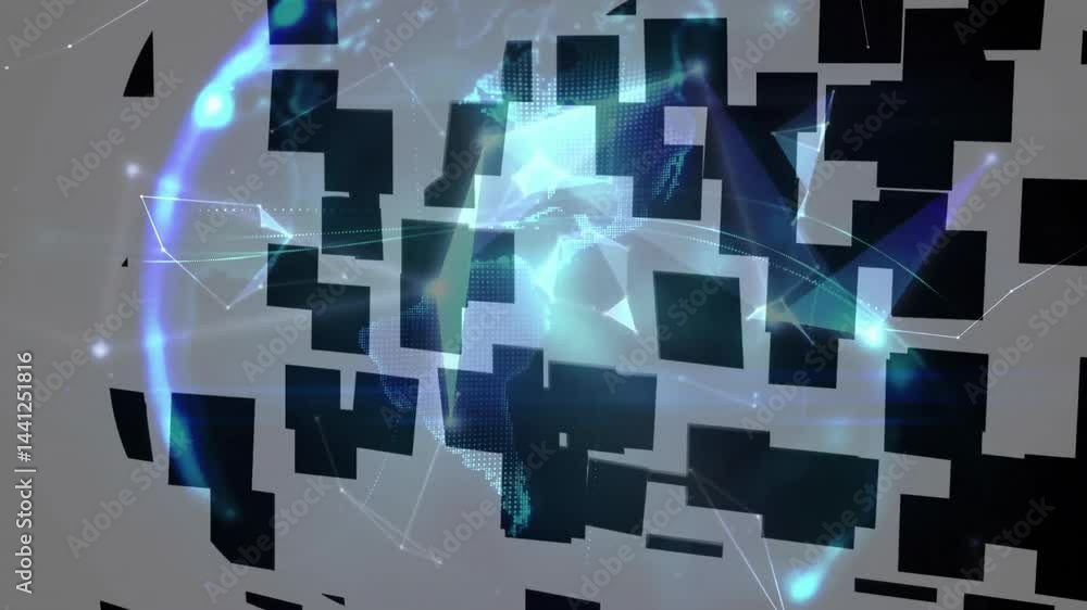 Poster stylized tiled cloud icon floating over holographic globe, glowing network lines and nodes orbiting