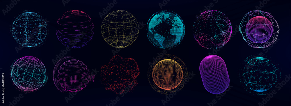 Poster futuristic 3d spheres in neon colors, from points, polygonal lines, wireframe. universal sci-fi sphe