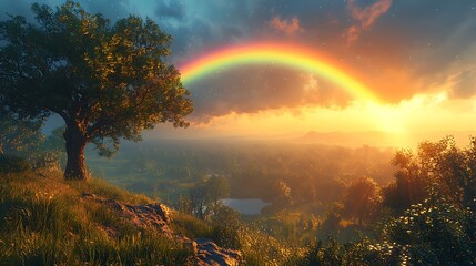 Scenic Landscape With Rainbow Over Forested Hills At Sunset A High Resolution Image