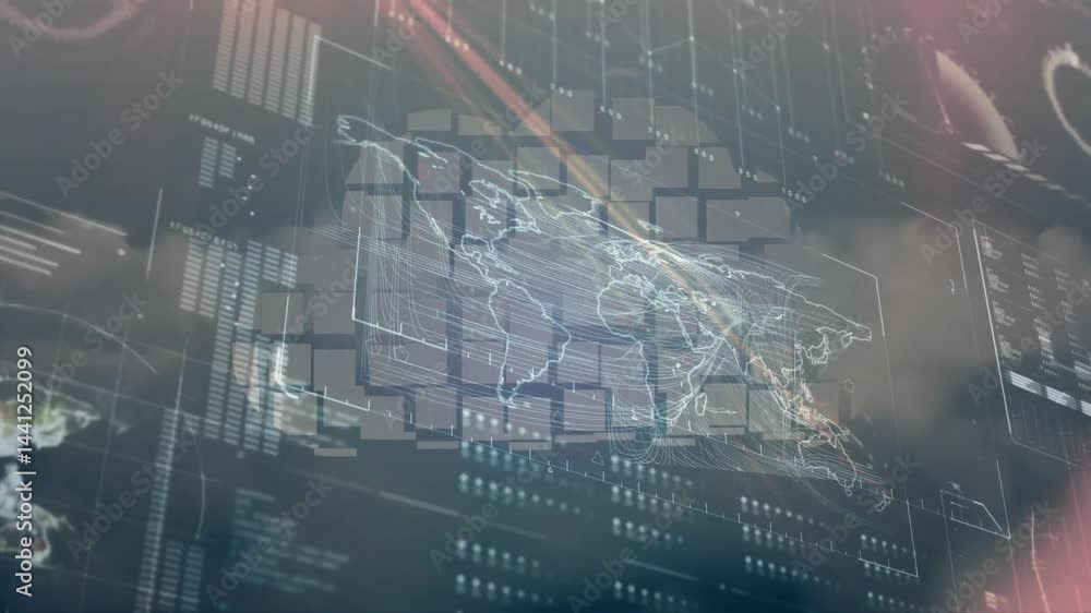 Poster holographic world map streaming data in 3d render interface, with floating panels and grid overlays